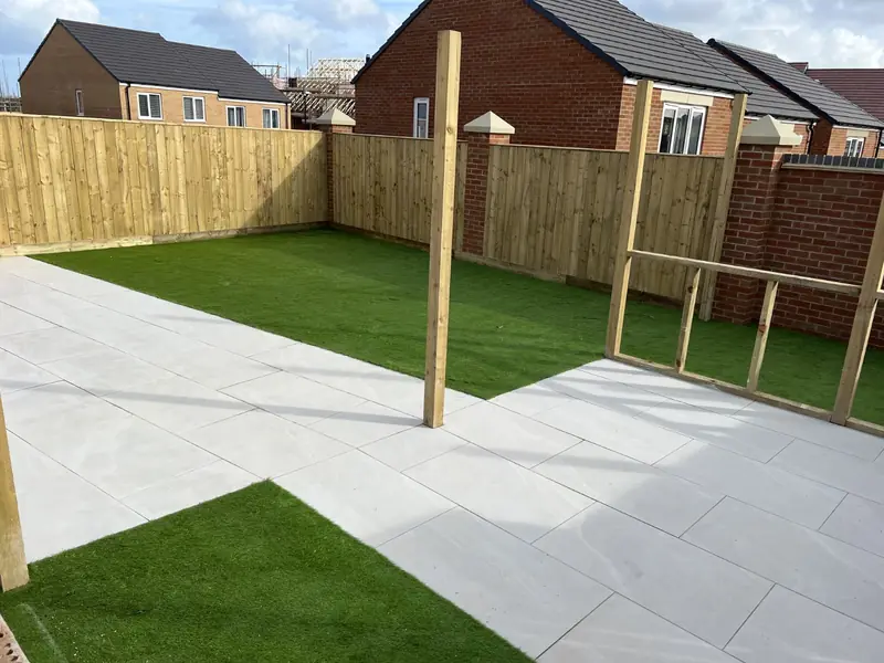 Porcelain patio, steps and new lawn